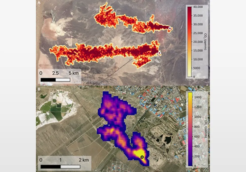 Carbon dioxide plumes from power plants and methane from landfill observed from space.
  The top image (A) shows carbon dioxide plumes from emission stacks at two power plants in China (1571 ± 229 tons CO<sub>2</sub> hour−1  to the north; 3511 ± 537 tons CO<sub>2</sub> hour−1  to the south).  The bottom image (B) shows a methane plume from active face of a landfill in Iran (5 ± 1 tons CH<sub>4</sub> hour−1 ). ppmm = parts per million meter.