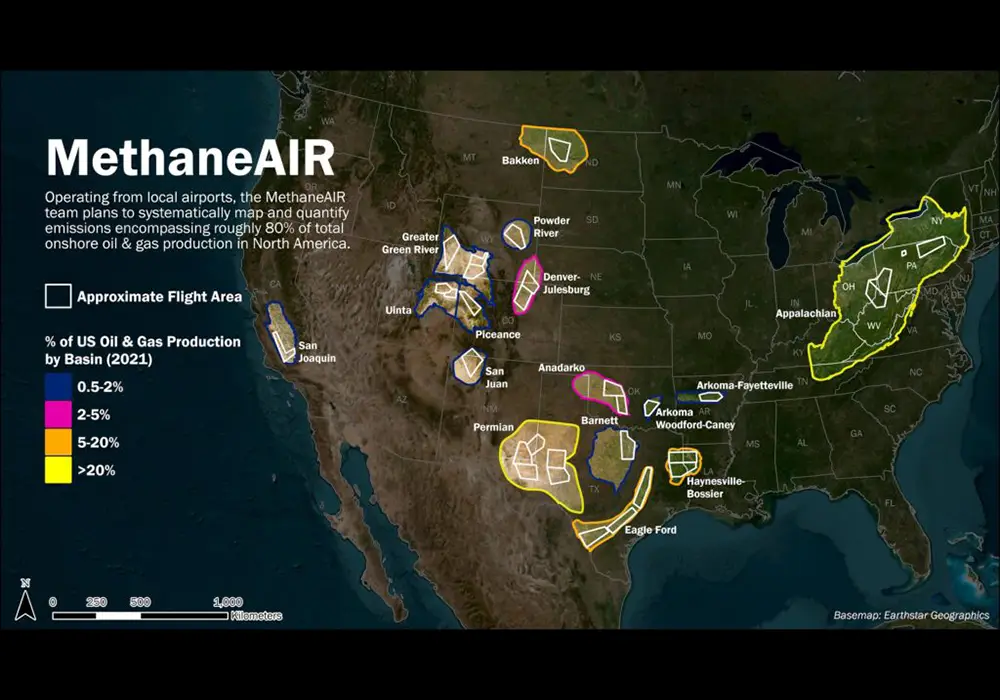 Map of the oil and gas production that is being mapped by MethaneAir  