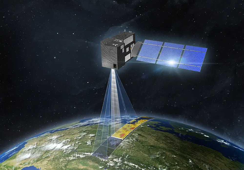 Artist concept of the CO2M satellite flying in low Earth orbit.