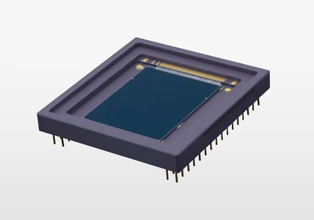 Photo of the CIS120 backside illuminated CMOS FPA.  
  The CIS120 has 2048×2048 (10 µm pitch) pixels.