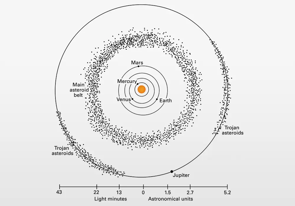 Most asteroids reside in the main asteroid belt with the Trojan asteroids in the orbit of Jupiter.